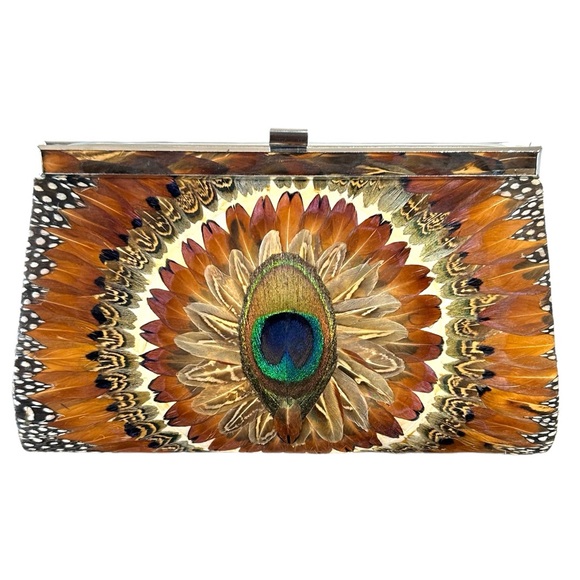 VINTAGE (60s) EXOTIC PEACOCK  FEATHER CLUTCH - GORGEOUS! - Picture 7 of 13